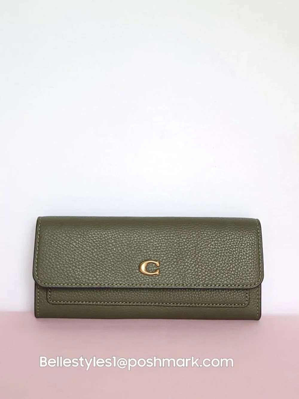 COACH Mila Pebbled Leather Long Flap Wallet- Olive color🎈